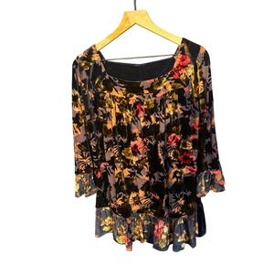 Suzanne Betro Floral Velvet Burnout Tunic Top Navy Blue Ruffle Hem Women Small